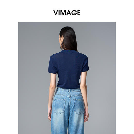 VIMAGE纬漫纪翻领短袖百搭复古正肩polo领女T恤上衣2025夏季新款V2301935 商品图9