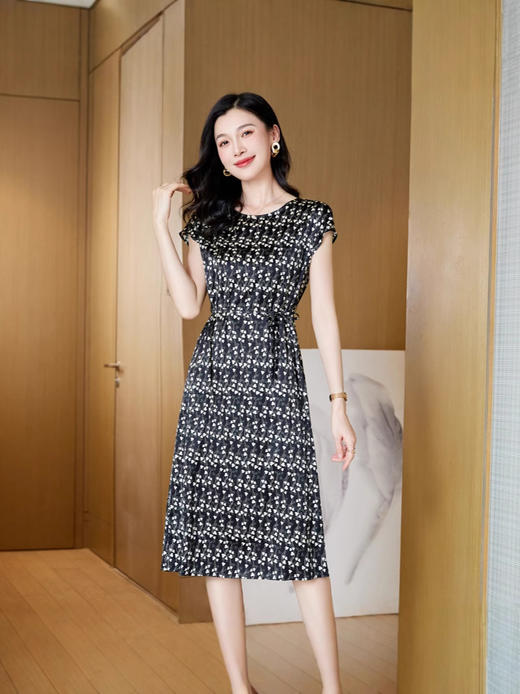 丁摩 夏季圆领时尚印花气质优雅真丝短袖连衣裙系带简约裙子5ZF-23062 商品图5