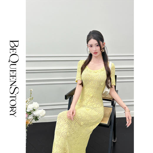 余潇潇【午后记忆】手工钩花大圆领镂空针织鱼尾短袖连衣裙夏 商品图4