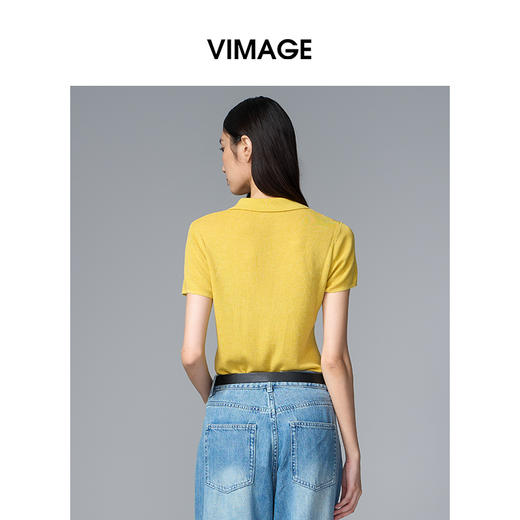 VIMAGE纬漫纪翻领短袖百搭复古正肩polo领女T恤上衣2025夏季新款V2301935 商品图5
