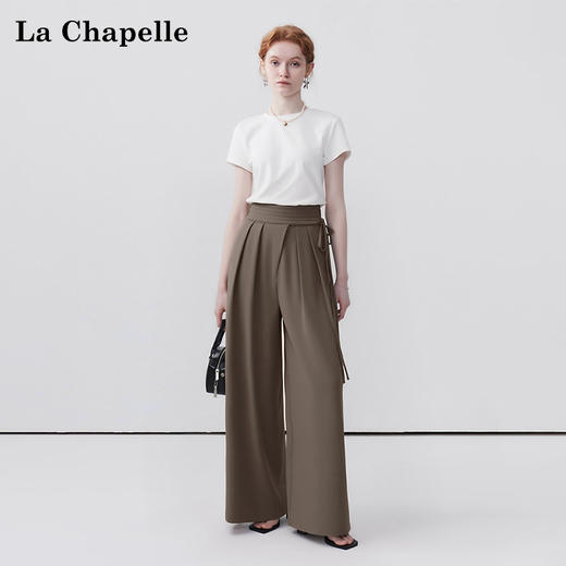 天猫同步【版型赞！垂感显瘦】拉夏贝尔/La Chapelle交叉系带双扣阔腿裤女高腰压褶通勤时尚高级感休闲裤 商品图4