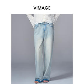 VIMAGE纬漫纪复古水洗撞色高腰宽松直筒显瘦牛仔裤2025季夏新款V2305940