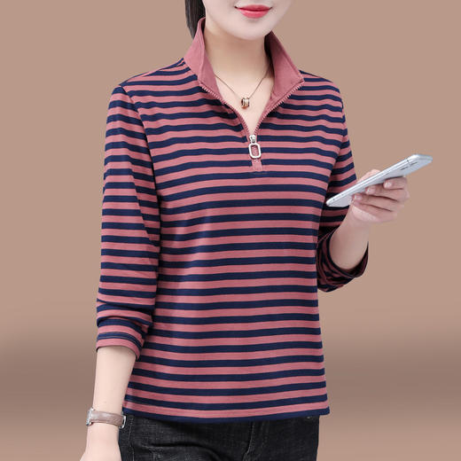 百媚生 95棉条纹长袖T恤女春秋立领上衣服5653 商品图5