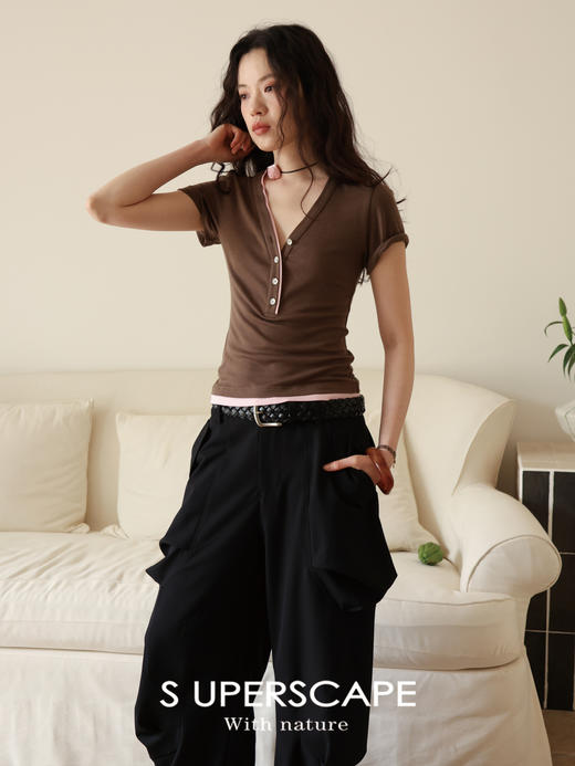 素舶 莱赛尔桑蚕丝柔软抗皱V领修身短款T恤上衣SUPERSCAPE 商品图0