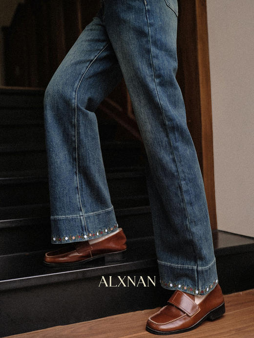 鹿向南「藤札褪彩」复古蓝色直筒牛仔裤秋新款宽松显瘦通勤长裤女 商品图3