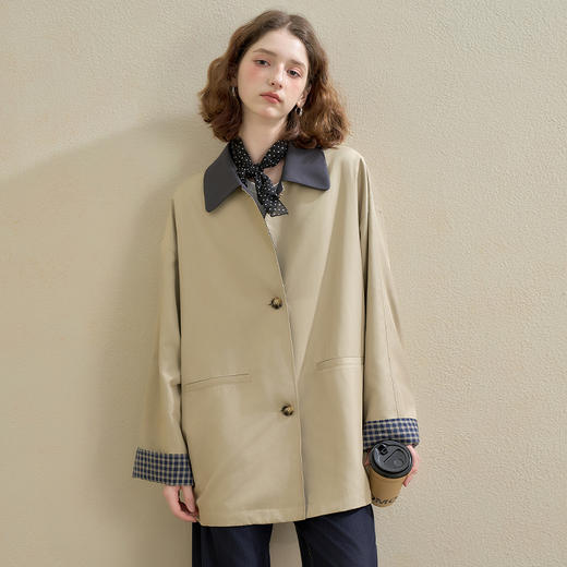 西遇英伦复古撞色格纹拼接风衣外套女秋季宽松显瘦中长款大衣V2951178 商品图4