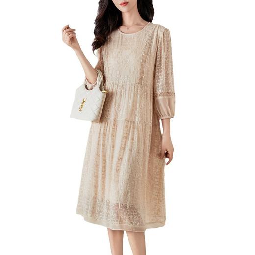 丁摩 夏季新款3D真丝刺绣桑蚕丝连衣裙宽松显瘦圆领气质真丝长裙5ZF-6560 商品图4