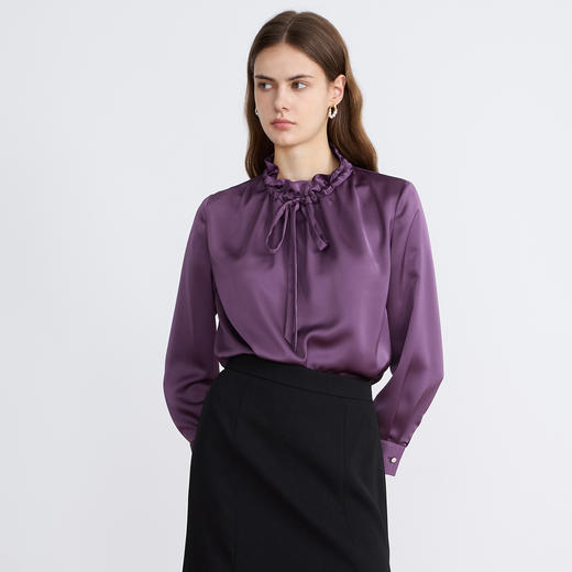 【紫色缎面衬衫】EITIE爱特爱气质抽绳木耳领直筒显瘦2025秋新款上衣C2513826 商品图3