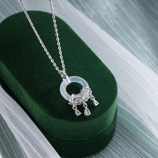 子佩集S925银【平安无虞】套链【YL-7278101】纯银时尚白玉髓平安扣项链2507 商品图3