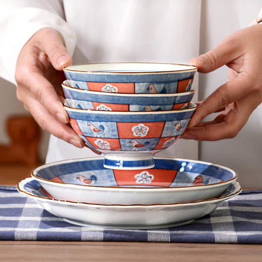 有谷窑 宜得利家居 釉下彩日本制陶瓷耐热碗盘餐具套装可洗碗机 市松雀 商品图4