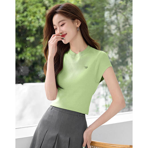 【专属特价】熙世界连肩袖半高领针织衫夏季薄款修身弹力冰丝上衣2025年新款 商品图1