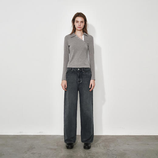 NUTH 修身显瘦正肩针织长袖T恤斜领弹力打底针织衫女 花灰/藏蓝 商品图3