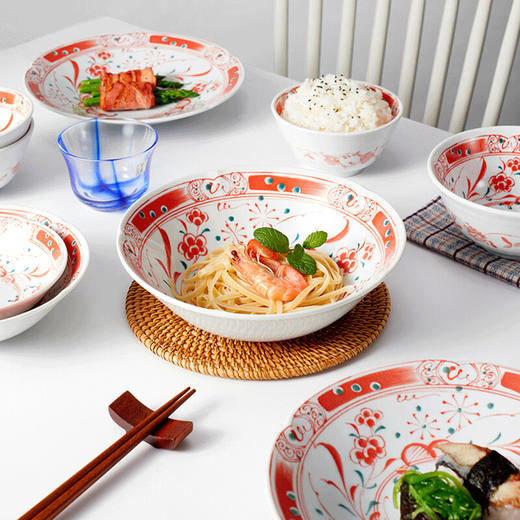 有谷窑宜得利家居 釉下彩日本制陶瓷耐热餐具碗盘套装可洗碗机 赤绘梅 商品图4