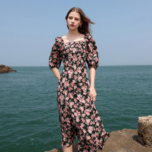 三彩2025秋季新款法式方领连衣裙碎花雪纺裙荷叶边A字长裙M 商品图2