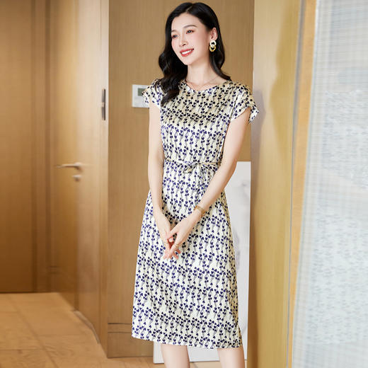 丁摩 夏季圆领时尚印花气质优雅真丝短袖连衣裙系带简约裙子5ZF-23062 商品图1