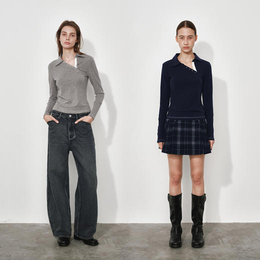 NUTH 修身显瘦正肩针织长袖T恤斜领弹力打底针织衫女 花灰/藏蓝 商品图8