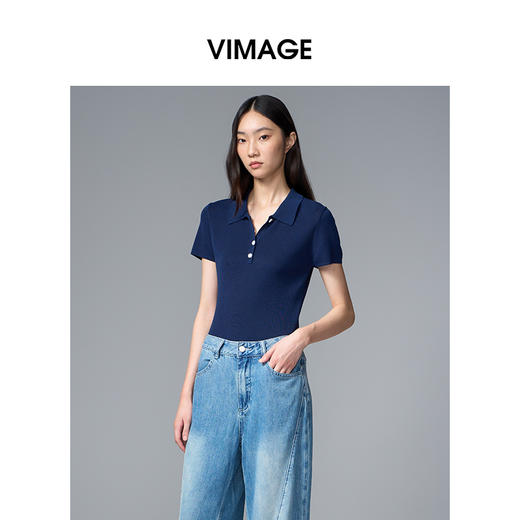 VIMAGE纬漫纪翻领短袖百搭复古正肩polo领女T恤上衣2025夏季新款V2301935 商品图8