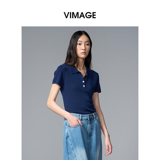 VIMAGE纬漫纪翻领短袖百搭复古正肩polo领女T恤上衣2025夏季新款V2301935 商品图6