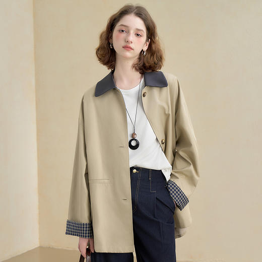 西遇英伦复古撞色格纹拼接风衣外套女秋季宽松显瘦中长款大衣V2951178 商品图2