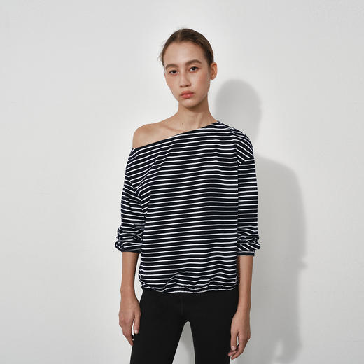 NUTH正反两穿斜肩露肩条纹长袖t恤上衣女 商品图2