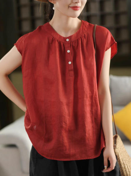 丁摩 夏季复古双支苎麻衬衫女纯色套头衫薄款衬衣上衣5ZF-25196 商品图7
