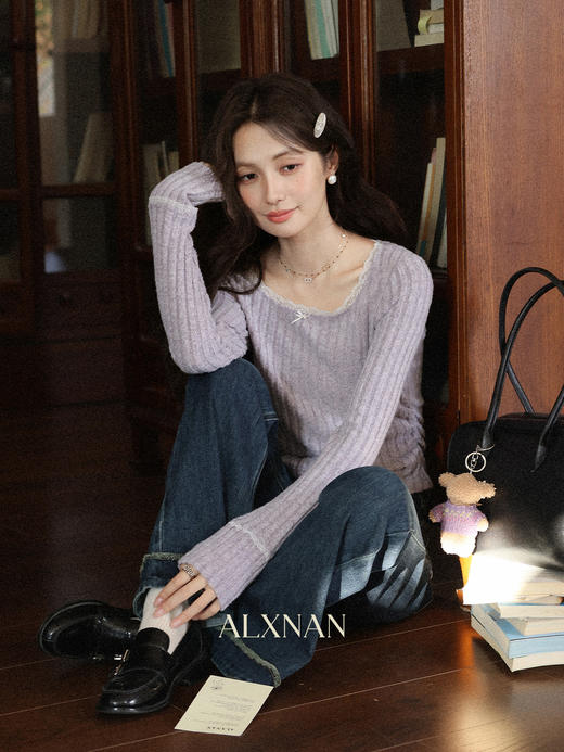 鹿向南「蜜紫堇纱」法式毛针织衫女早秋新款修身显瘦长袖紫色上衣 商品图4