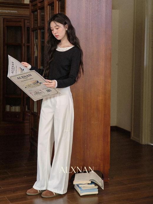 鹿向南「长腿搭子」米白色休闲牛仔裤女秋季新款阔腿直筒显瘦长裤 商品图1