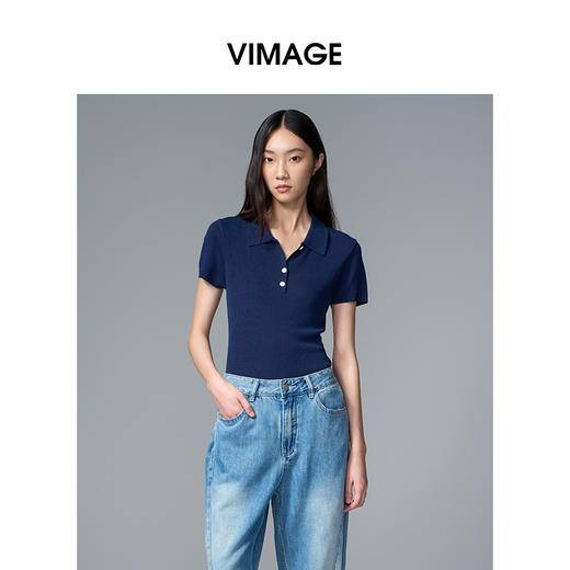 VIMAGE纬漫纪翻领短袖百搭复古正肩polo领女T恤上衣2025夏季新款V2301935 商品图1