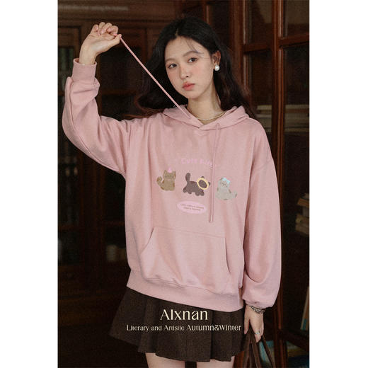 鹿向南「小熊日记」粉色卡通动漫长袖连帽卫衣秋季新款宽松上衣女 商品图4