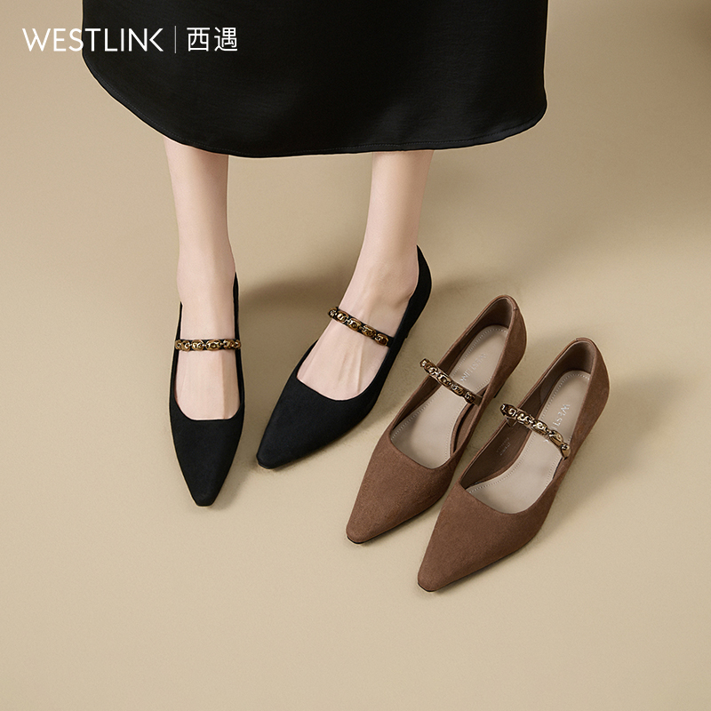 【限时秒杀】西遇尖头高跟鞋女新款秋季绒面法式绝美复古玛丽珍鞋细跟单鞋V1756995