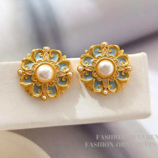 丁摩 原创S925银针法式复古花朵耳钉珍珠耳环高级感蓝色耳饰品5ZF-2493 商品图1