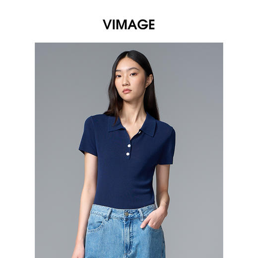 VIMAGE纬漫纪翻领短袖百搭复古正肩polo领女T恤上衣2025夏季新款V2301935 商品图7