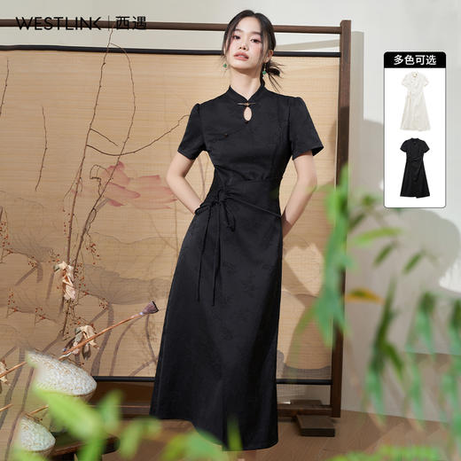 新中式国风古典提花连衣裙女新款气质优雅系带长裙V0050547 商品图1