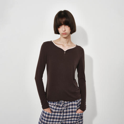 NUTH修身显瘦弹力长袖针织t恤女蕾丝边领口针织上衣 商品图5