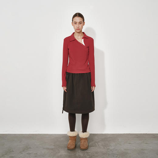 NUTH复古拼接半身裙双腰头中长款a字伞裙女 棕咖色 商品图5