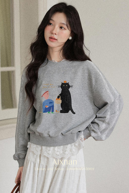鹿向南「灰调随性」灰色短款猫咪印花圆领卫衣女早秋宽松无帽上衣 商品图3
