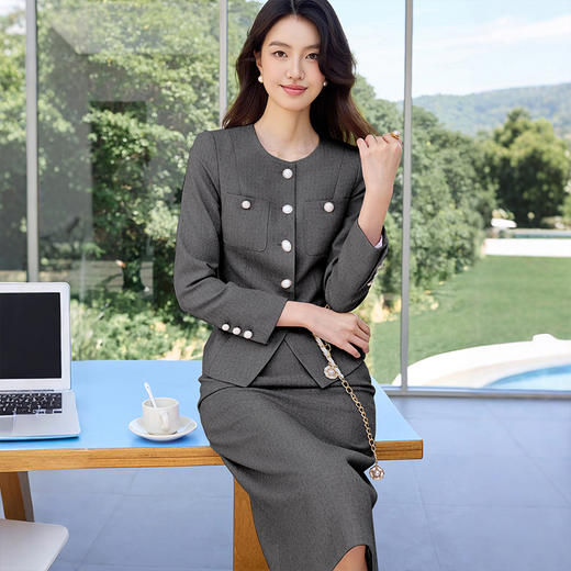 IWY/气质名媛灰色西装套裙女秋季新款高级感圆领小香风职业套装WCS117 商品图1