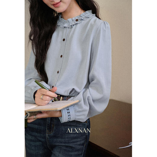 鹿向南「青珀时间海」早秋法式蓝色长袖衬衫新款宽松通勤开衫上衣 商品图1