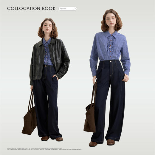 西遇复古木耳边蓝色格纹衬衫女秋季新款减龄百搭短款长袖上衣V2651170 商品图1