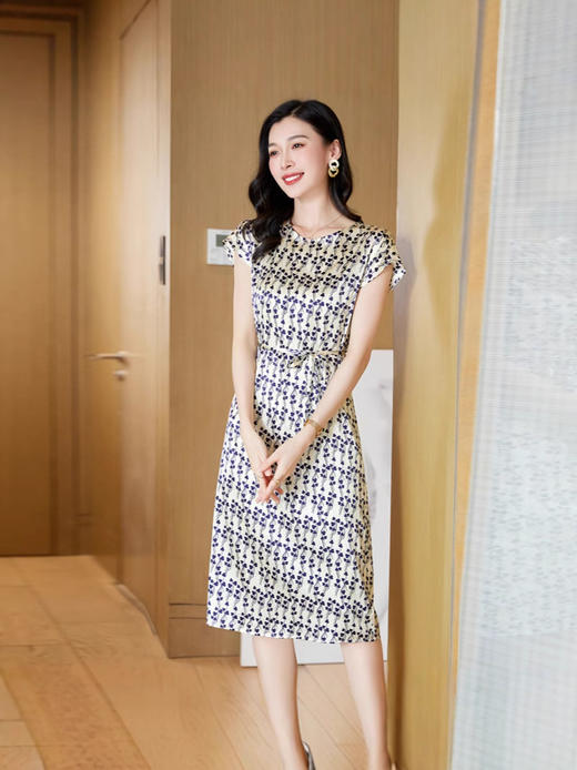 丁摩 夏季圆领时尚印花气质优雅真丝短袖连衣裙系带简约裙子5ZF-23062 商品图6