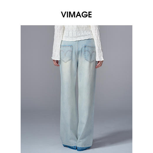 VIMAGE纬漫纪复古水洗撞色高腰宽松直筒显瘦牛仔裤2025季夏新款V2305940 商品图4
