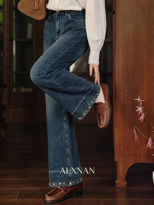 鹿向南「藤札褪彩」复古蓝色直筒牛仔裤秋新款宽松显瘦通勤长裤女 商品图0