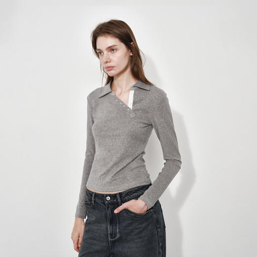 NUTH 修身显瘦正肩针织长袖T恤斜领弹力打底针织衫女 花灰/藏蓝 商品图4