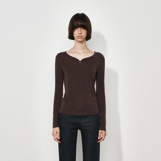 NUTH修身显瘦弹力长袖针织t恤女蕾丝边领口针织上衣 商品图0