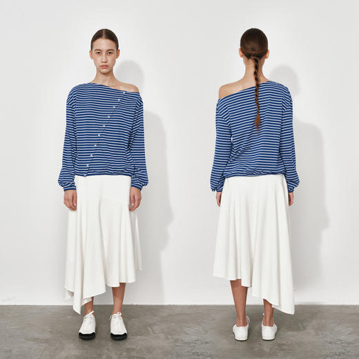 NUTH正反两穿斜肩露肩条纹长袖t恤上衣女 商品图1
