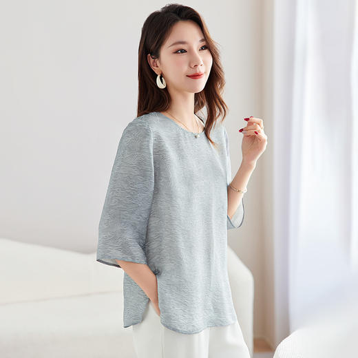 丁摩 【传统花螺炒色】新国风桑蚕丝小衫上衣女气质韵味显瘦打底衫5ZF-9090 商品图5