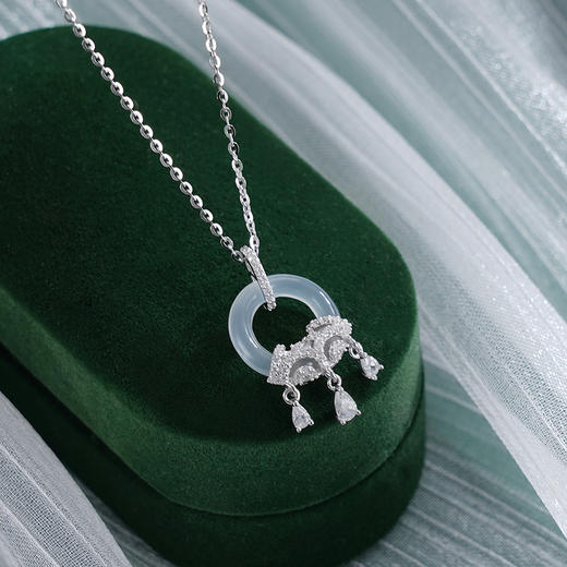 子佩集S925银【平安无虞】套链【YL-7278101】纯银时尚白玉髓平安扣项链2507 商品图4