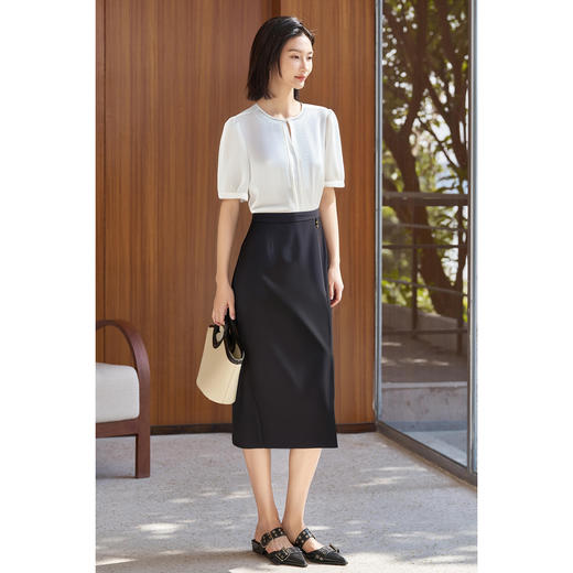 剩S/M/L/XL 【极简短袖衬衫高腰开叉包臀半裙两件套】显瘦女套装夏季高级感3914 商品图4