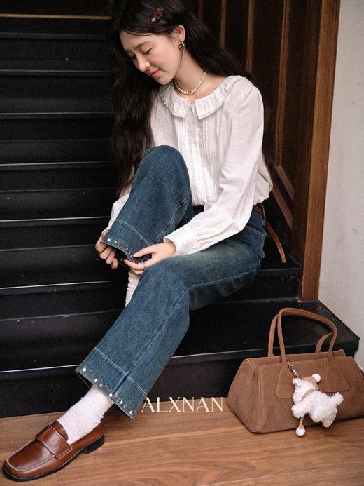 鹿向南「藤札褪彩」复古蓝色直筒牛仔裤秋新款宽松显瘦通勤长裤女 商品图4