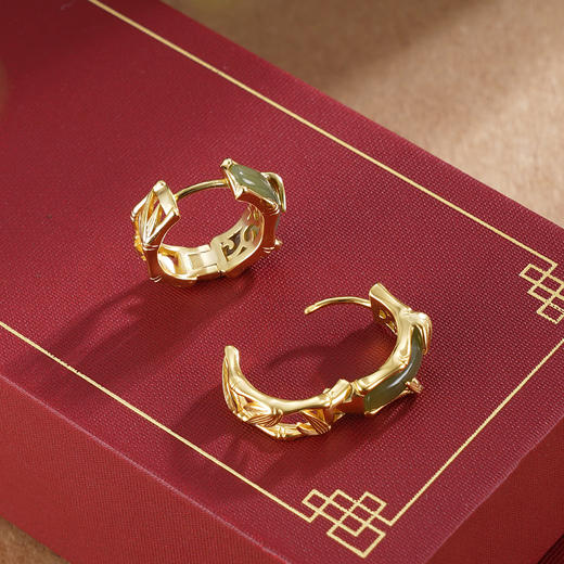 子佩集S925银【圆满竹福】耳环【EJ00461】纯银古法银扣环圆圈镀金青玉2507 商品图2